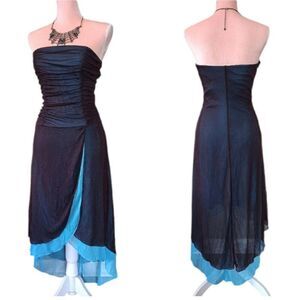 90s Black Teal Ruched Strapless High Low Fairy Prom Dress *Fits like Med